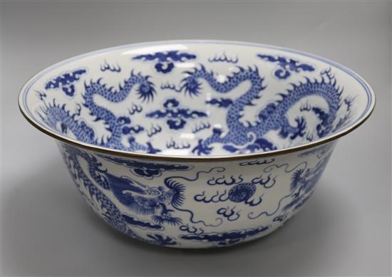 A large Chinese blue and white dragon bowl, diameter 38.5cm